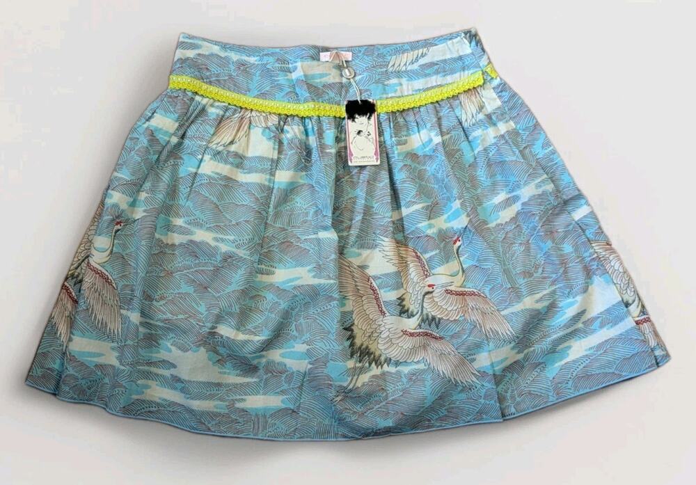 Custo Barcelona NWT Y2K Crane Print Knee Length Skirt Blue Cotton Flared